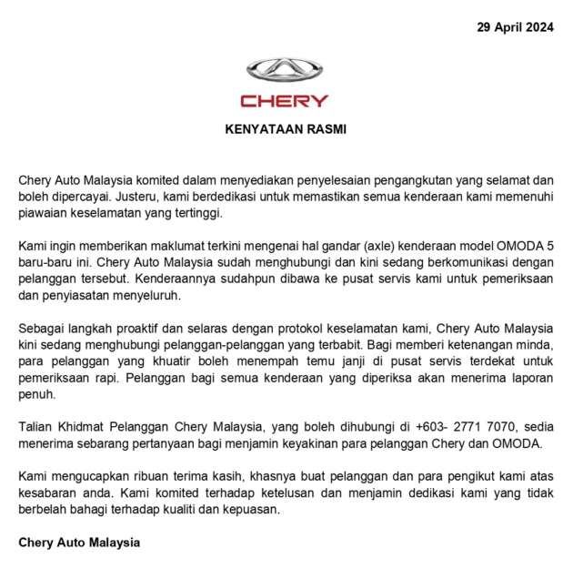 Chery Malaysia keluar kenyataan rasmi isu kimpalan gandar belakang Omoda 5 tertanggal ketika dipandu