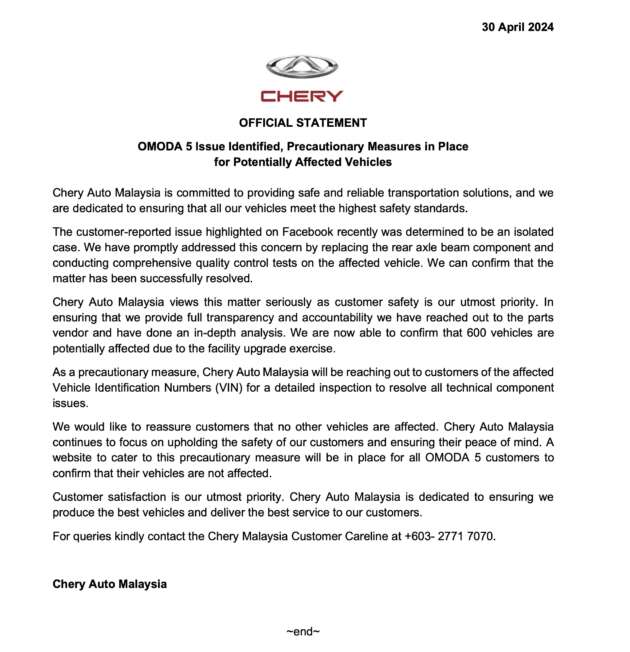 Chery Malaysia recalls 600 units of Omoda 5 over potential axle issue – rear beam to be replaced