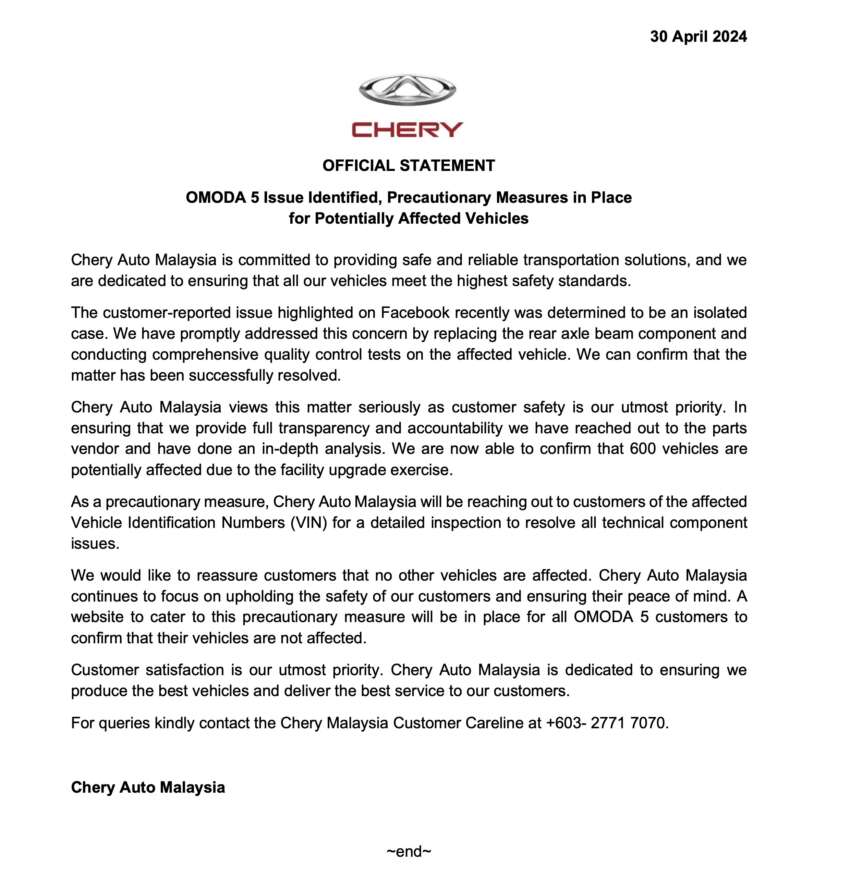 Chery Malaysia recalls 600 units of Omoda 5 over potential axle issue – rear beam to be replaced 1757911