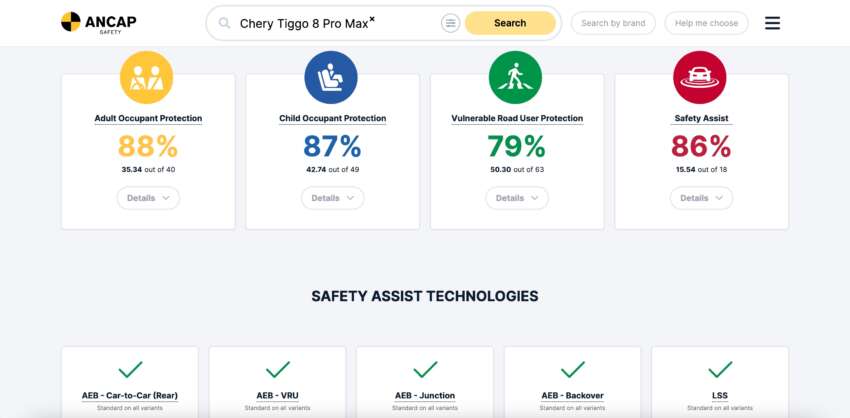 Chery Tiggo 8 Pro Max scores five-star ANCAP rating 1770837