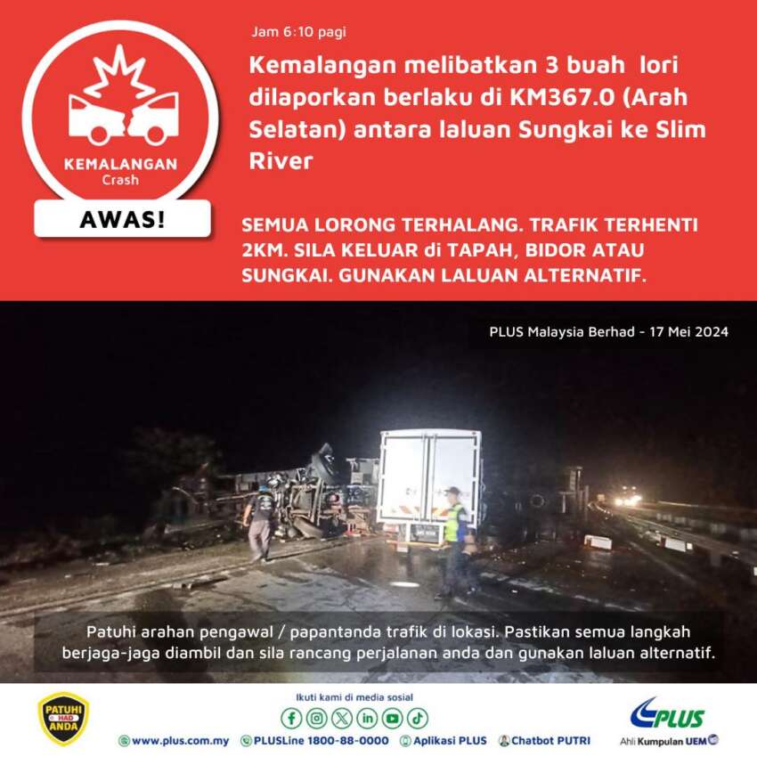 Three-lorry accident on PLUS Sungkai to Slim River southbound – all lanes closed, exit Tapah or Bidor 1764925