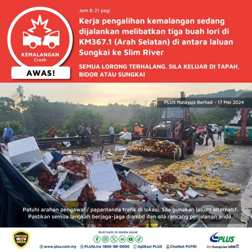 Three-lorry accident on PLUS Sungkai to Slim River southbound – all lanes closed, exit Tapah or Bidor 1764926