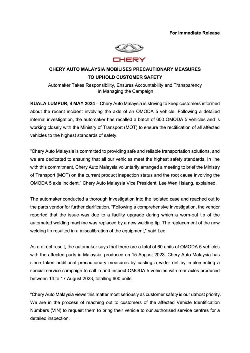 Chery Malaysia Omoda 5 recall – root cause of axle welding issue identified; new recall website now online 1759671