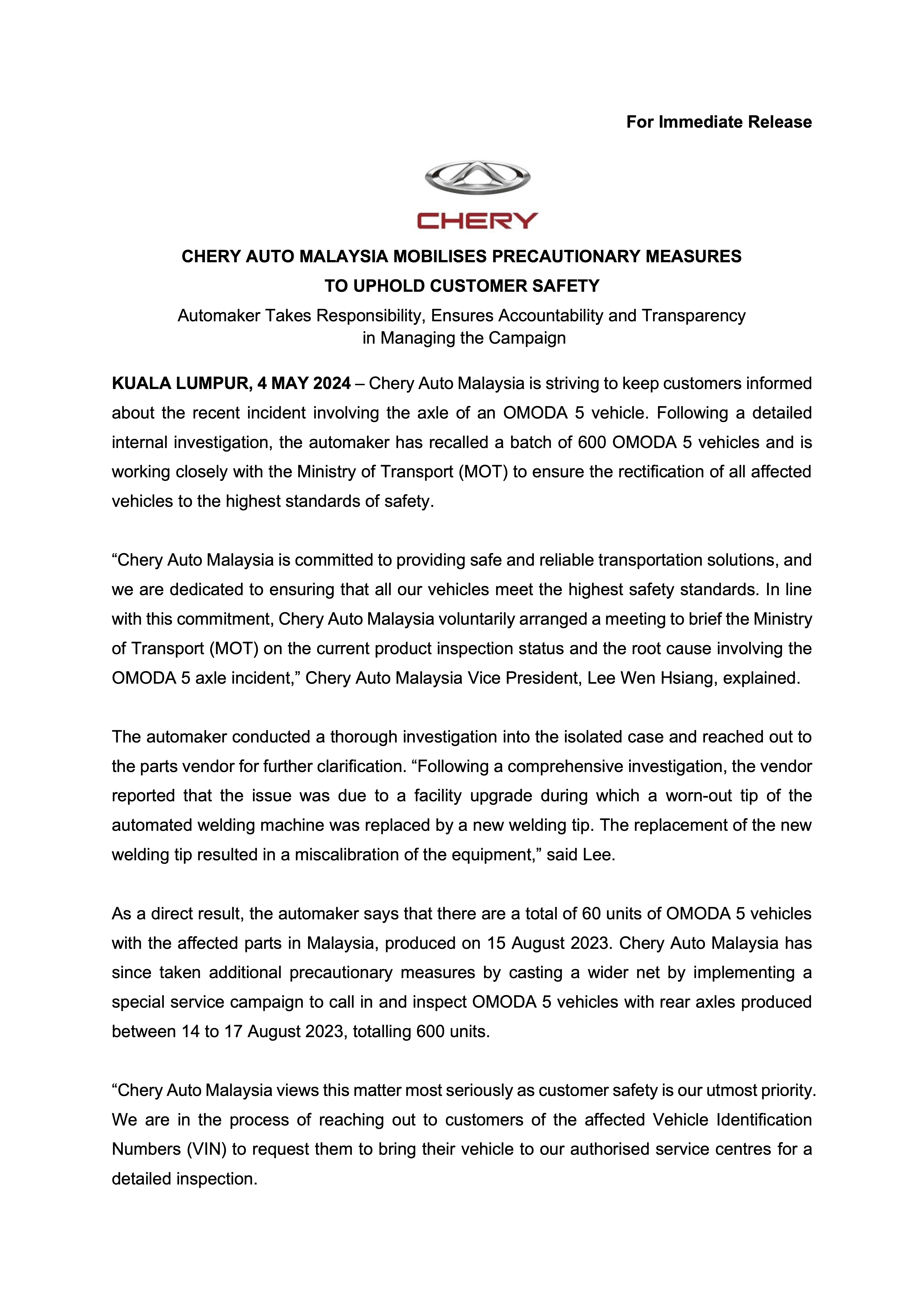 Chery Malaysia Omoda 5 1 Recall Statement