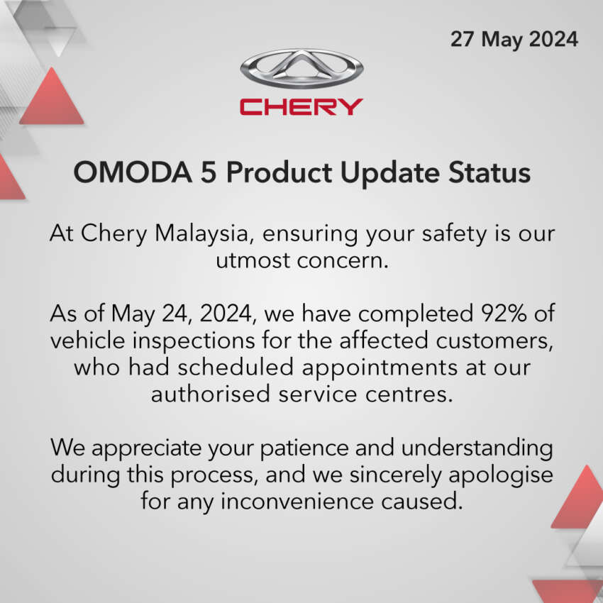 Chery Malaysia Omoda 5 recall: 92% of cars inspected 1771179