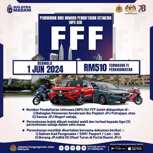 JPJ buka penawaran baki siri nombor pendaftaran FFF mulai 1 Jun 2024 – hanya di kaunter JPJ sahaja