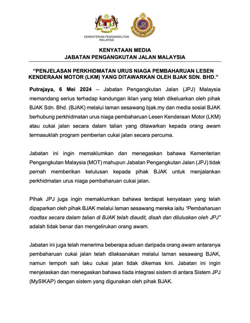 JPJ issues statement – department has not authorised Bjak for road tax renewal transactions 1760170