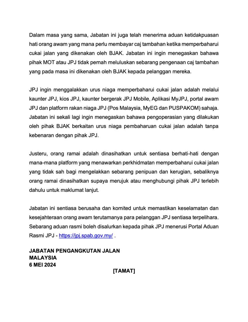JPJ issues statement – department has not authorised Bjak for road tax renewal transactions 1760169