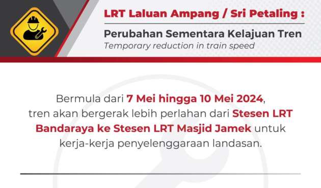 LRT Ampang/Sri Petaling line train to slow down from Bandaraya to Masjid Jamek stations – May 7-10