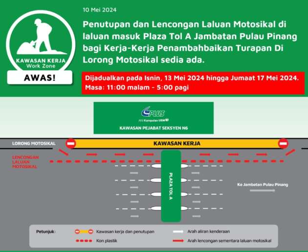 Lorong motosikal di laluan masuk Plaza Tol Jambatan Pulau Pinang ditutup dari 13-17 Mei, 11 malam-5 pagi