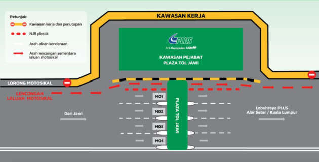 The motorbike lane on the PLUS Expressway at the Jawi toll plaza entrance will be closed from May 11 to 26, 24 hours a day for resurfacing