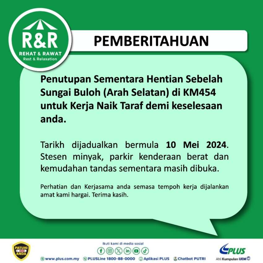 PLUS umum Hentian Sebelah Serdang (utara), Sungai Buloh (selatan) ditutup mulai 10 Mei untuk naiktaraf 1761161