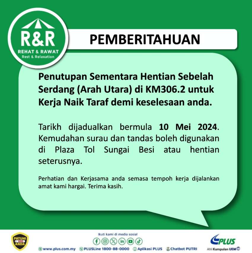 PLUS umum Hentian Sebelah Serdang (utara), Sungai Buloh (selatan) ditutup mulai 10 Mei untuk naiktaraf 1761162