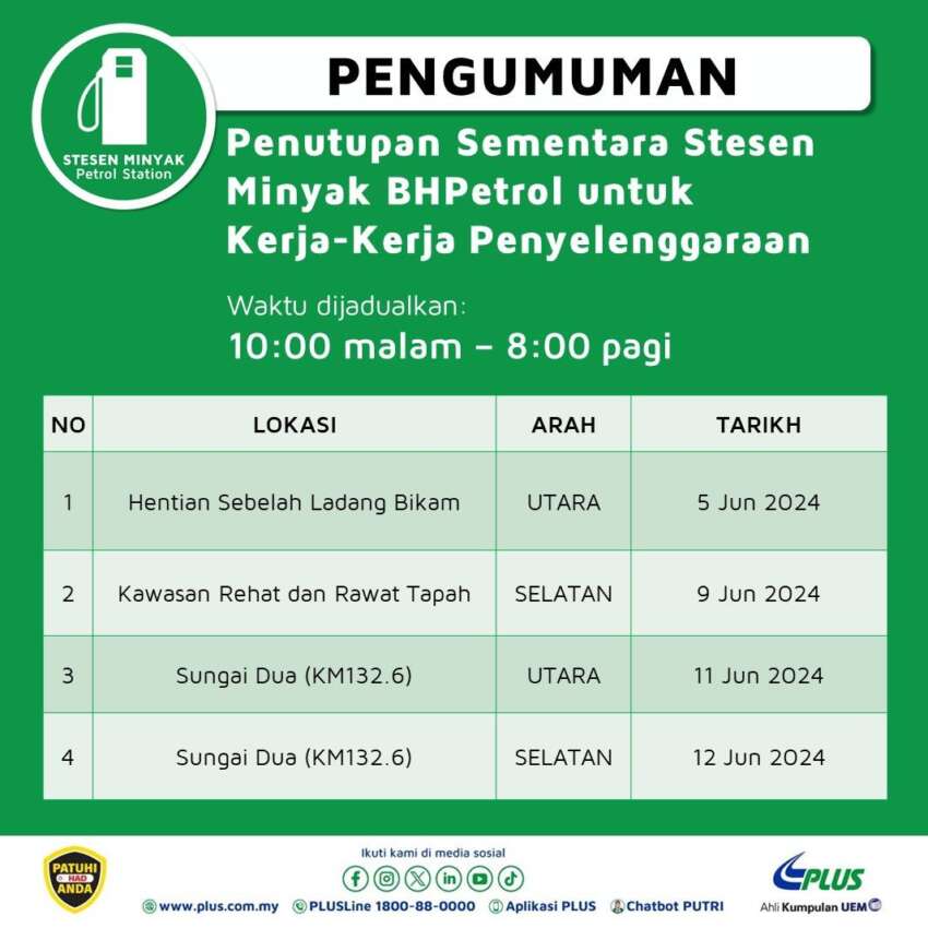 Stesen BHP di Lebuhraya PLUS ditutup untuk selenggara pada 5-12 Jun, 10 malam-8 pagi 1774239