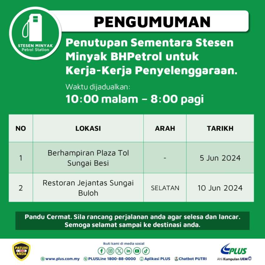Stesen BHP di Lebuhraya PLUS ditutup untuk selenggara pada 5-12 Jun, 10 malam-8 pagi 1774240