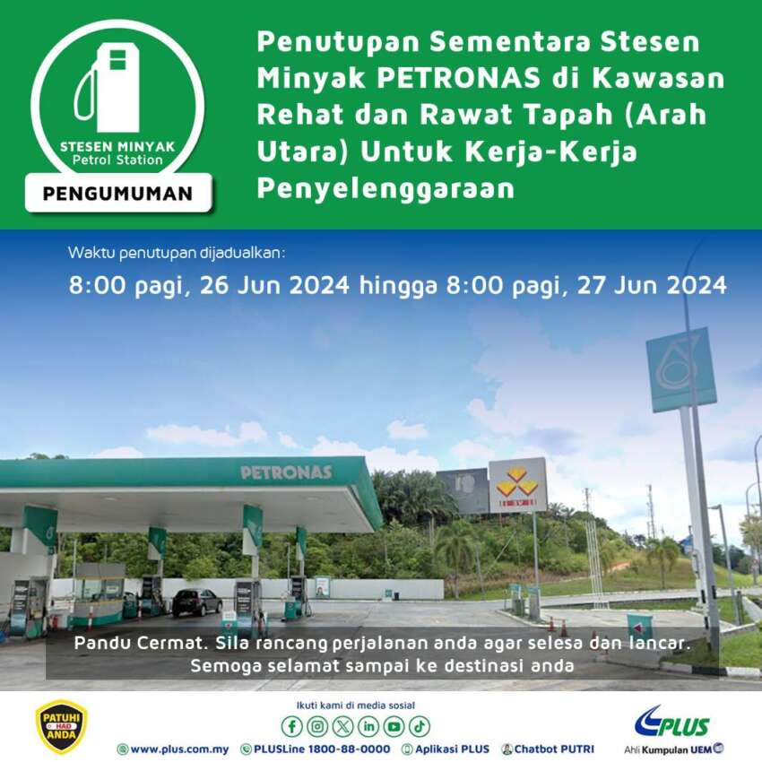 Petron at PLUS Restoran Jejantas Sg Buloh closed till August 22, Petronas at Tapah R&R closed for a day 1781200