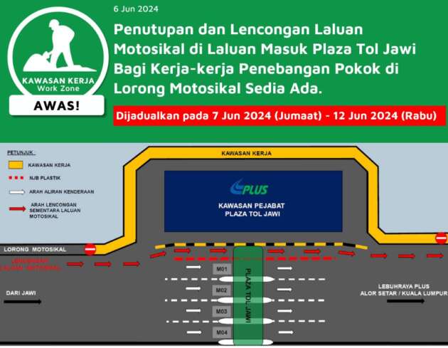 PLUS umum lorong motosikal di laluan masuk Plaza Tol Jawi ditutup sementara hingga 12 Jun 2024