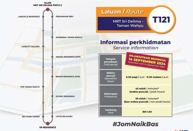 T121 MRT feeder bus trial for Taman Wahyu, Lakeville, KiPark to Sri Delima station extended to Sept 14