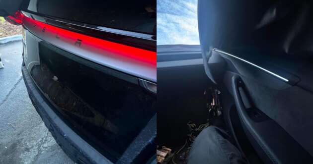 Tesla Model Y Juniper facelift details shown – full-width rear light bar; Model 3 interior ambient lighting