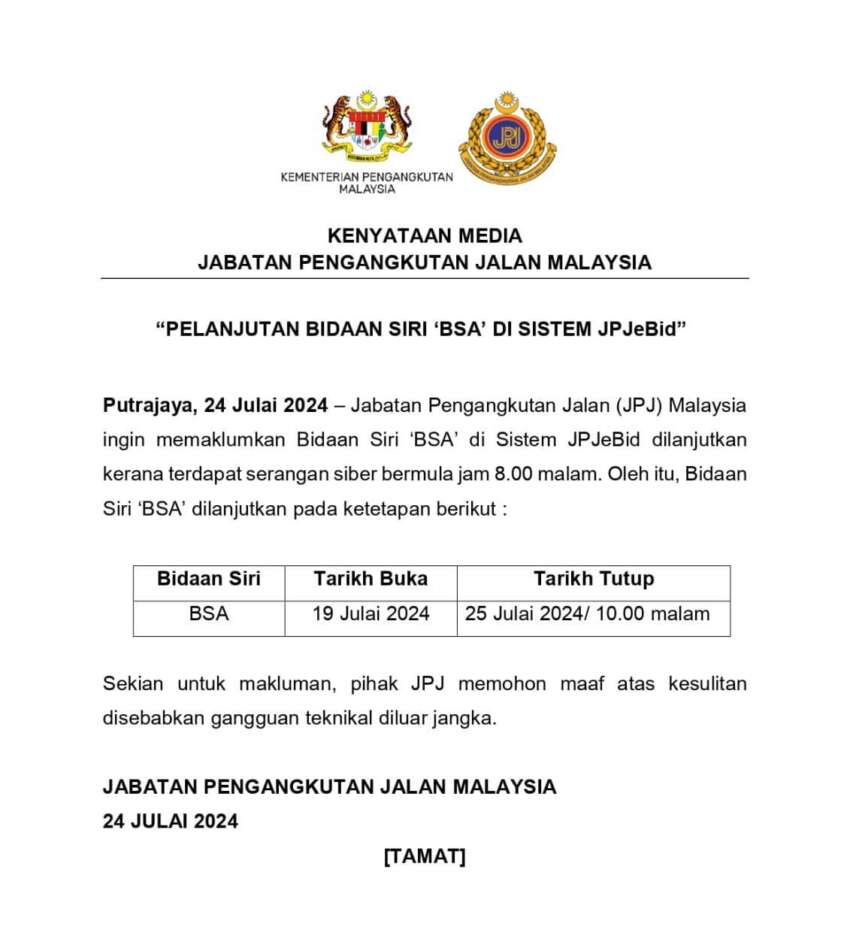JPJ came under cyber attack yesterday, BSA number plate bidding deadline extended to 10pm tonight 1795650