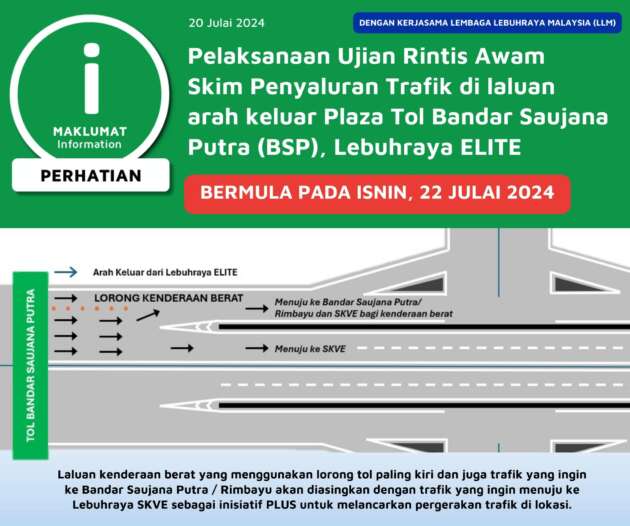 PLUS umum Ujian Rintis Awam Skim Penyaluran Trafik di laluan keluar Plaza Tol Saujana Putra mulai 22 Julai