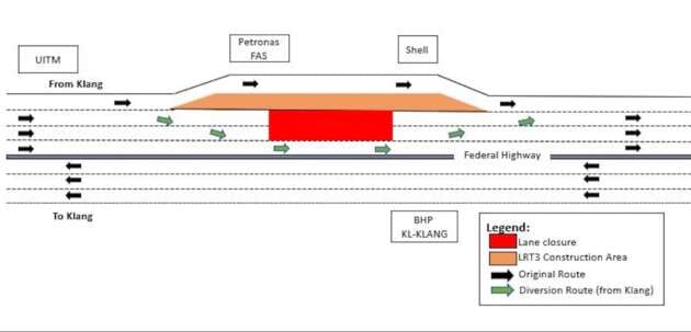 Federal Highway Lane Closure, Traffic Diversion at Shah Alam for Light Rail Line 3 Construction – July 5 to 20 in Phases