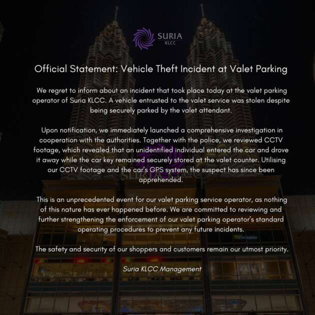 Kereta kena curi di valet KLCC tanpa kunci – pelaku sudah ditangkap, apa sebenarnya yang terjadi?
