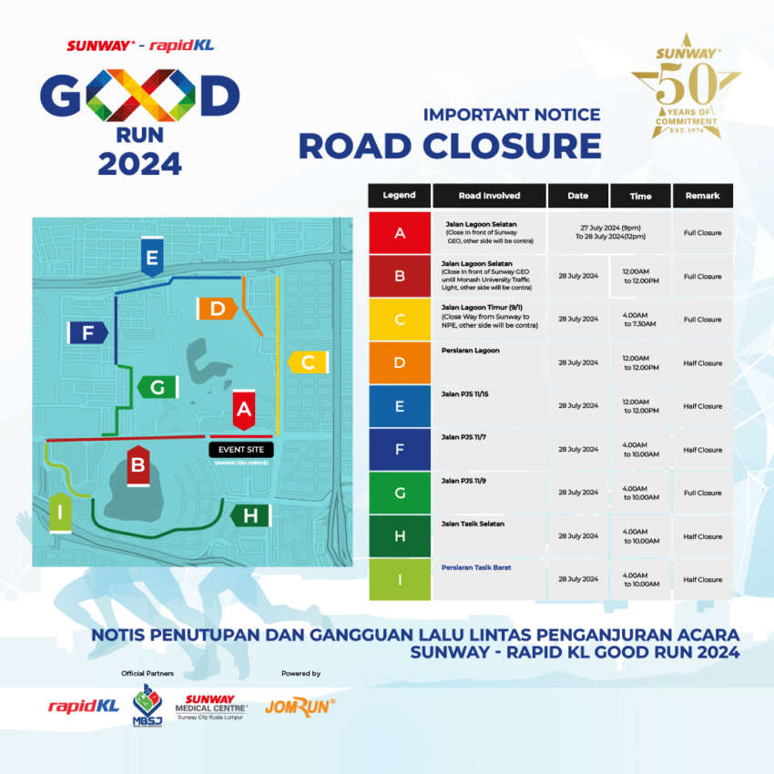 Beberapa jalan di Bandar Sunway ditutup pada 27-28 Julai untuk acara Sunway Rapid Good Run 2024 1796571