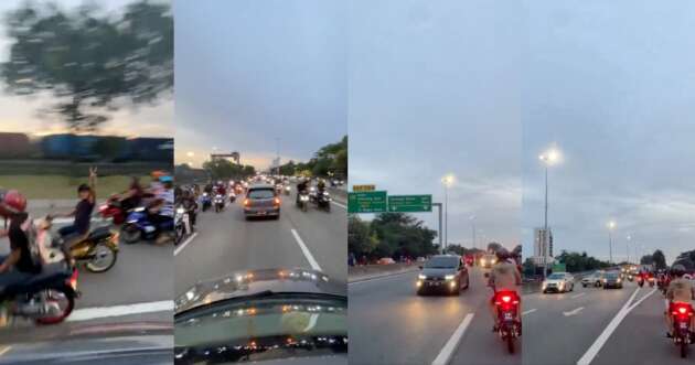 Large group of <em>kapchai</em> motorcyclists caught on camera riding against traffic in Butterworth, Penang