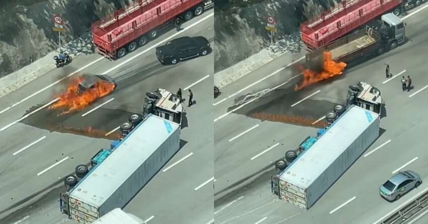 Cars driving over trailer crash fuel leak cause fire – don’t make it worse; avoid, stop if necessary 1802843