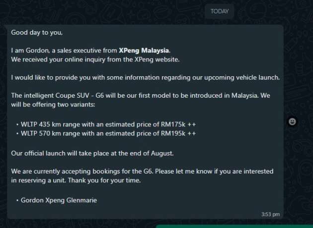 Xpeng G6 Malaysia – estimated pricing RM175k for Standard, RM195k for Long Range, launch end August