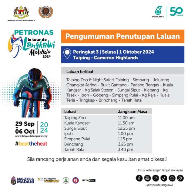 2024 Le Tour de Langkawi – several roads to be closed in stages in Taiping on October 1 for bicycle race