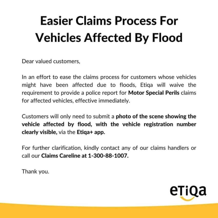 Etiqa announces easier claims process for vehicles affected by flood, waiving the need for a police report 1819479