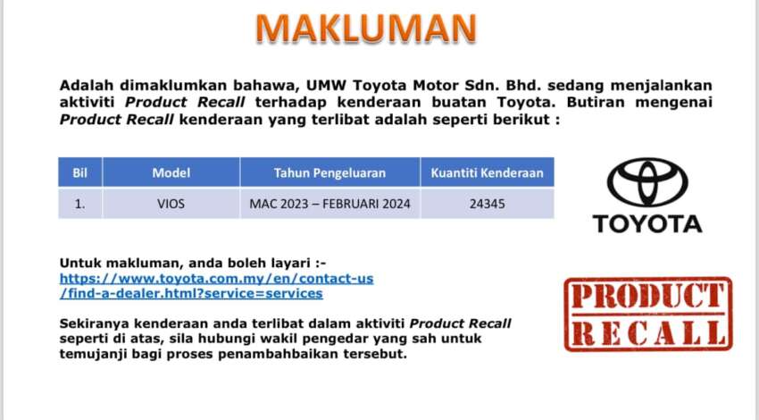 JPJ recalls – Toyota 24,345 units, Mercedes 10,978 units; Honda bikes 205 units, Suzuki bikes 345 units 1816037