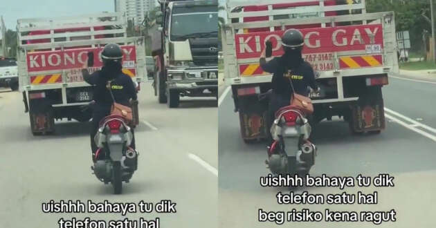 Motorcyclist seen in viral video using a mobile phone to record herself while riding closely behind a lorry