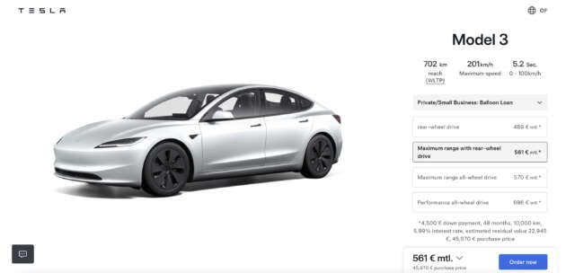 2025 Tesla Model 3 Long Range RWD – longest range variant at 702 km WLTP; from RM211k in Germany