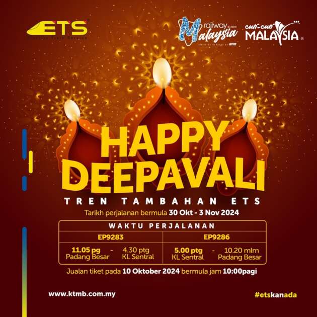 Dua perkhidmatan tren ETS tambahan disediakan bagi laluan KL Sentral-Padang Besar sempena Deepavali