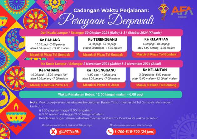 Jadual Cadangan Waktu Perjalanan di Lebuhraya KL-Karak, LPT1 sempena Deepavali – 30-31 Okt, 2-3 Nov