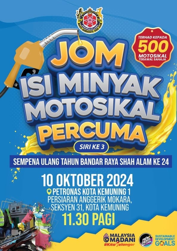 MBSA nak ‘payung’ minyak percuma untuk 500 motosikal pada 10 Okt ini di Kota Kemuning