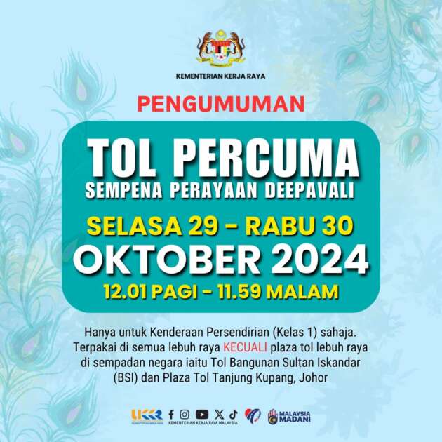 Tol percuma 29-30 Okt sempena Deepavali, kecuali di plaza tol BSI, Tg Kupang; RM38j ditanggung kerajaan