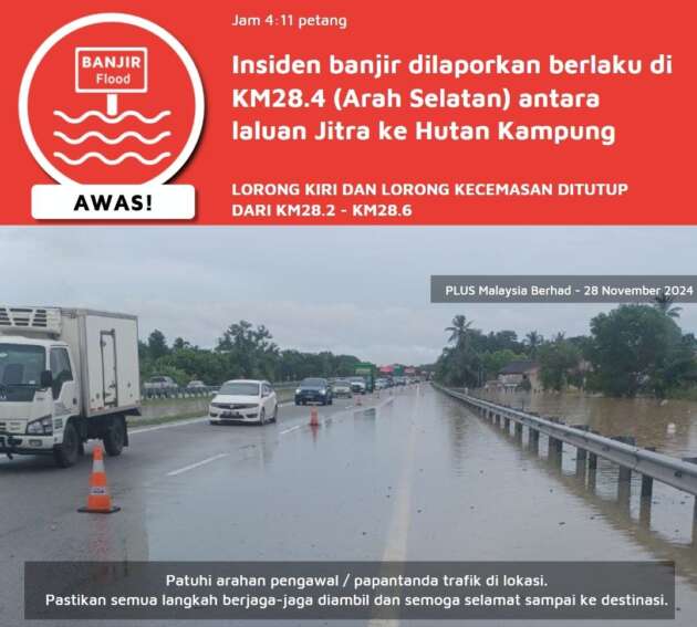 Laluan di KM28.4 Jitra-Hutan Kampung arah selatan di Lebuhraya PLUS  ditutup akibat dilanda banjir