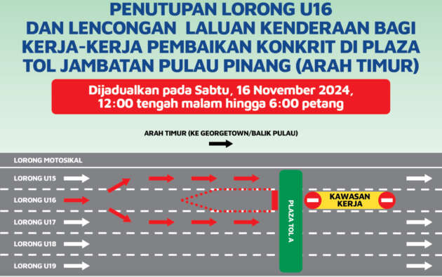 Penang bridge lane closure for repairs at toll plaza