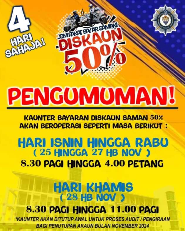 Polis Kelantan beri 50% diskaun saman trafik terpilih pada 25-28 Nov 2024 di BSPTD, IPD Pasir Mas