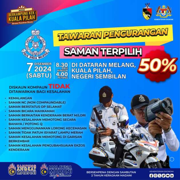 Polis Negeri Sembilan beri 50% diskaun saman trafik pada 7 Dis 2024 di Dataran Melang, Kuala Pilah
