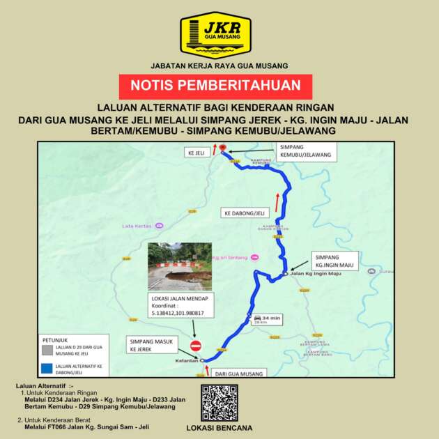 Jalan Gua Musang-Jeli di KM35 runtuh sepenuhnya akibat hujan lebat; ditutup kepada semua kenderaan