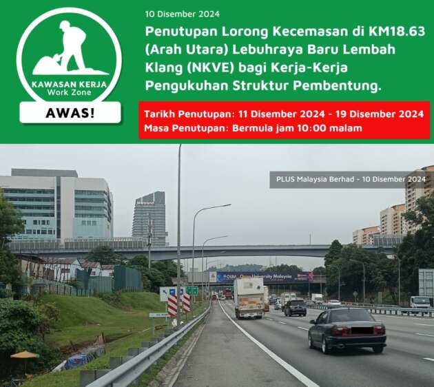 Lorong kecemasan di KM18.63 di Lebuhraya NKVE ditutup hingga 19 Dis bagi pelaksanaan kerja teknikal