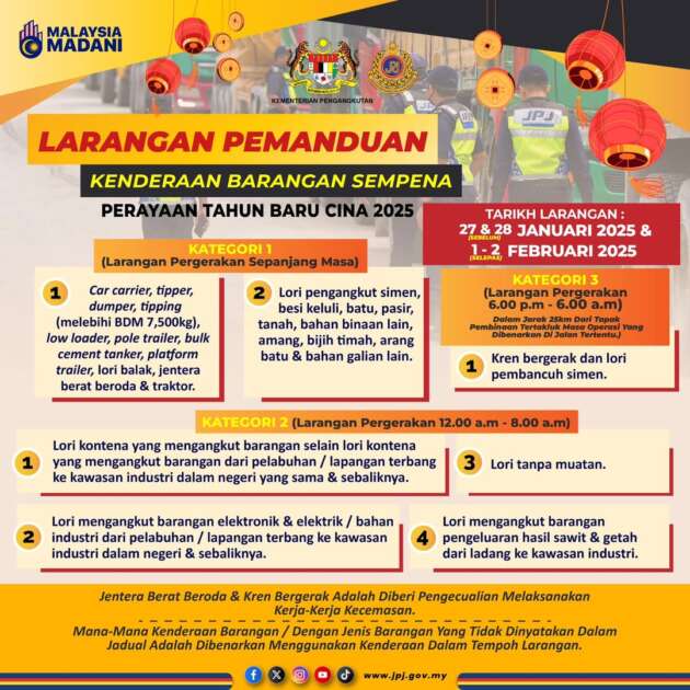 JPJ keluar larangan kenderaan berat guna lebuhraya dari 27-28 Jan, 1-2 Feb sempena Tahun Baharu Cina