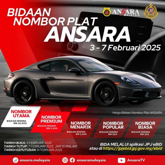 JPJ eBid: Siri plat khas ANSARA dibuka bidaan hingga 7 Feb 2025 – nombor utama bermula RM20,000