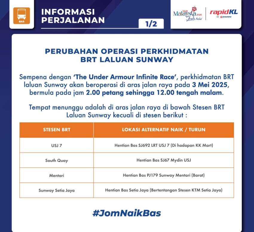 BRT Sunway beroperasi di aras jalan pada 3 Mei – trek bertingkat diguna untuk Under Armour Infinite Race 1908355