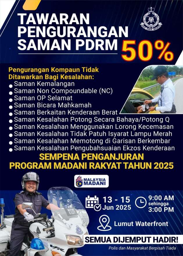 Polis beri 50% diskaun saman trafik terpilih pada 13-15 Jun dalam Program Madani Rakyat 2025 di Lumut
